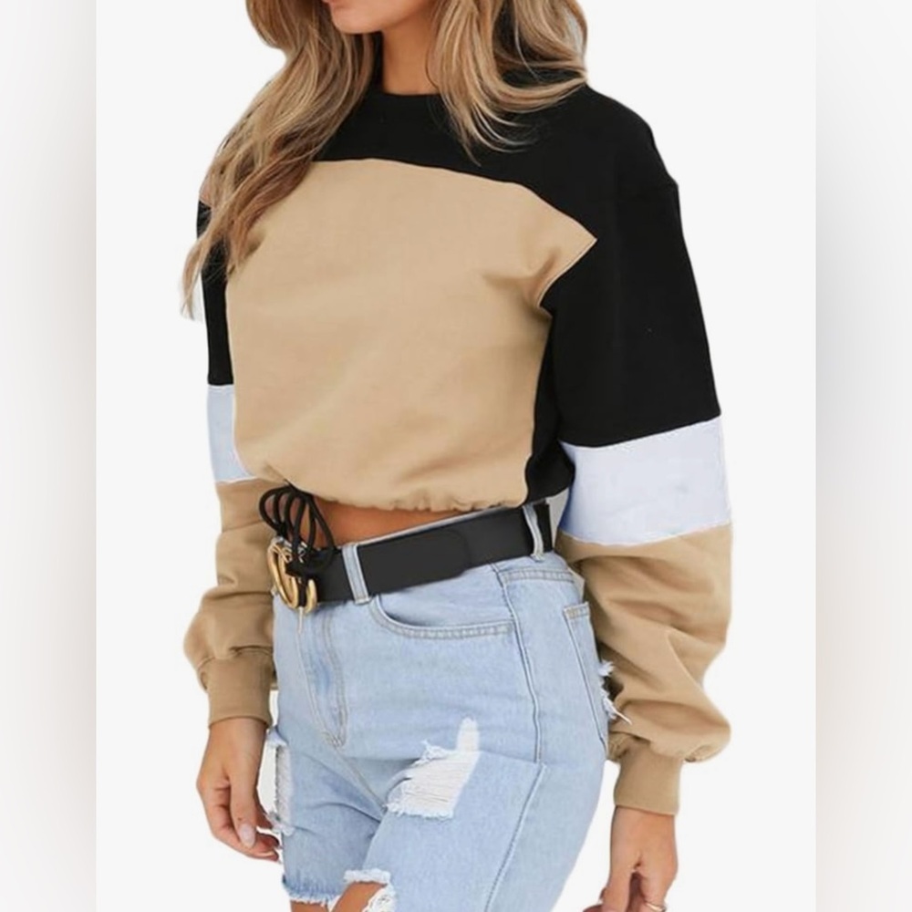 Color Block Lace Up Hem Crop Sweatshirt Casual Long Sleeve Top